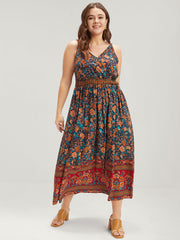 Floral Gathered Button Pocket Cami Maxi Dress