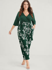 Floral Print Button Dolman Sleeve Pocket Knotted Wrap Jumpsuit