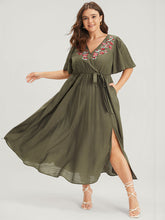 Solid Pocket Knotted Embroidered Ruffles Hem Wrap Dress