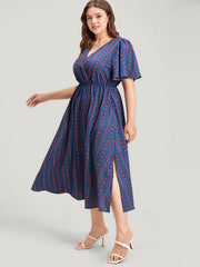 Striped Pocket Split Flutter Wrap Midi Dress