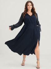 Solid Button Split Pocket Wrap Lantern Sleeve Ruffles Hem Dress