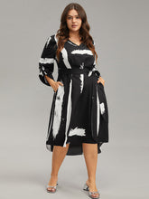 Brush Print V Neck Belted Tab Sleeve Dress