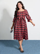 Snow Checkered Print Shirred Midi Dress