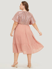 Sequin Patchwork Belted Flutter Hem Midi Dress