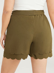 Solid Belted Pocket Scalloped Trim Tiered Shorts