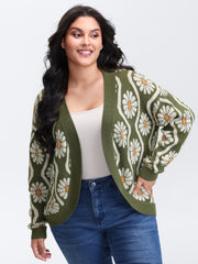 Floral Pattern Jacquard Arc Hem Knit Cardigan