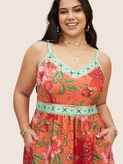 Floral Print Elastic Waist Shirred Cami Dress