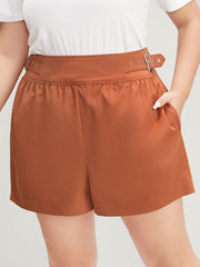 Solid Buckle Detail Zipper Back Shorts