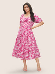 Silhouette Floral Print Ruched Lantern Sleeve Dress