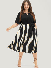 Striped Patchwork Ruffle Sleeve Pocket Belted Keyhole Dress