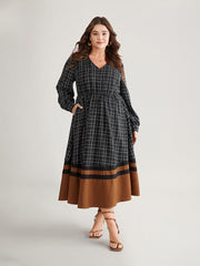 Gingham Gingham Patchwork Pocket Gathered Dress