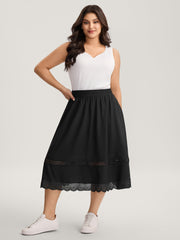 Shirred Lace Trim Pleated Midi Skirt
