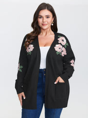 Floral Jacquard Pattern Pockets Knit Cardigan
