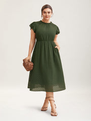 Plain Geometric Layered Sleeve Pocket Ruffle Mock Neck Dress