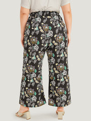 Floral Print Shirred Bootcut Ties Pocket Pants