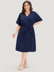 Shirt Collar Split Hem Wrap Pocket Knot Gathered Dress