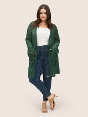 Solid Drawstring Pocket Hollow Out Cardigan