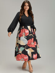 Floral Print Patchwork Notched Belted Dress