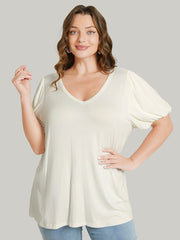 Solid Puff Sleeve V Neck T-shirt