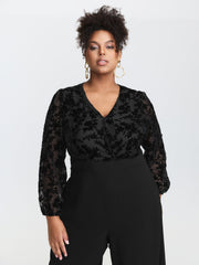 Floral Mesh Sleeve Surplice Flared Jumpsuit