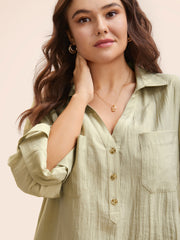 Solid Patched Pocket Tab Sleeve Blouse