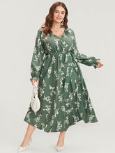 Floral Wrap Pocket Lantern Sleeve Belted Ruffle Dress