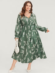 Floral Wrap Pocket Lantern Sleeve Belted Ruffle Dress