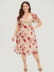 Silhouette Floral Print Mesh Puff Sleeve Dress