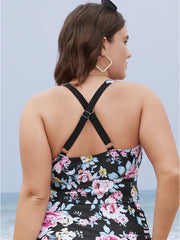 Floral Ruched Knotted Crossover Back Tankini Top