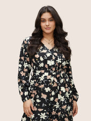 Floral Elastic Waist Belted Wrap Jumpsuit