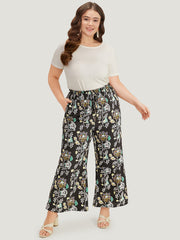 Floral Print Shirred Bootcut Ties Pocket Pants