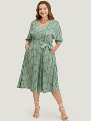 Geometric Print Dolman Sleeve Pocket Belted Ruffles Dress