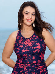 Floral Print Round Neck Shirred Swim Top