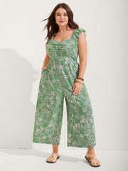 Floral Print Ruched Flutter Detail Jumpsuit