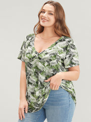 Tropical Print V Neck Contrast T-shirt