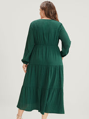 Solid V Neck Lantern Sleeve Pocket Gingham Flutter Dress