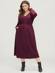Solid Dolman Sleeve Pocket Rib Knit Wrap Dress