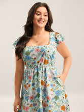 Floral Print Flutter Sleeve Pockets Midi Dress