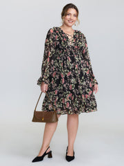 Floral Pockets Adjustable Shirred Midi Dress