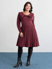 Supersoft Ruffled Neckline Cinched-Waist Sweater Dress