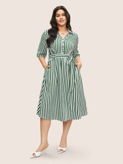 Striped Belted Shirt Collar Button Up Dress