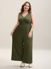Stretchy Knit Pockets Cross Back Jumpsuit
