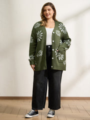 Floral Jacquard Button Pockets Knit Cardigan