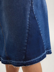 Frayed No Slit Seamed Shadow Wash Denim Skirt