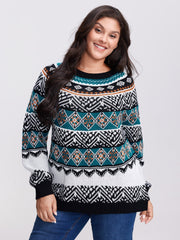 Boho Print Color Contrast Pullover