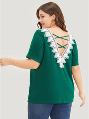 Solid Contrast Lace Crisscross Back T-shirt