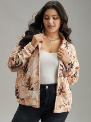 Floral Zipper Gathered Elastic Cuffs Jacket