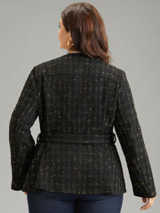 Tweed Metal Detail Belted V Neck Blazer