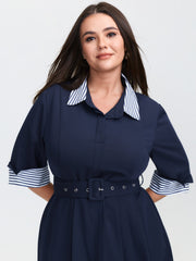 Color Contrast Cuffs Belted Midi Dress
