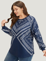 Scarf Print Round Neck Elastic Cuffs Sweatshirt